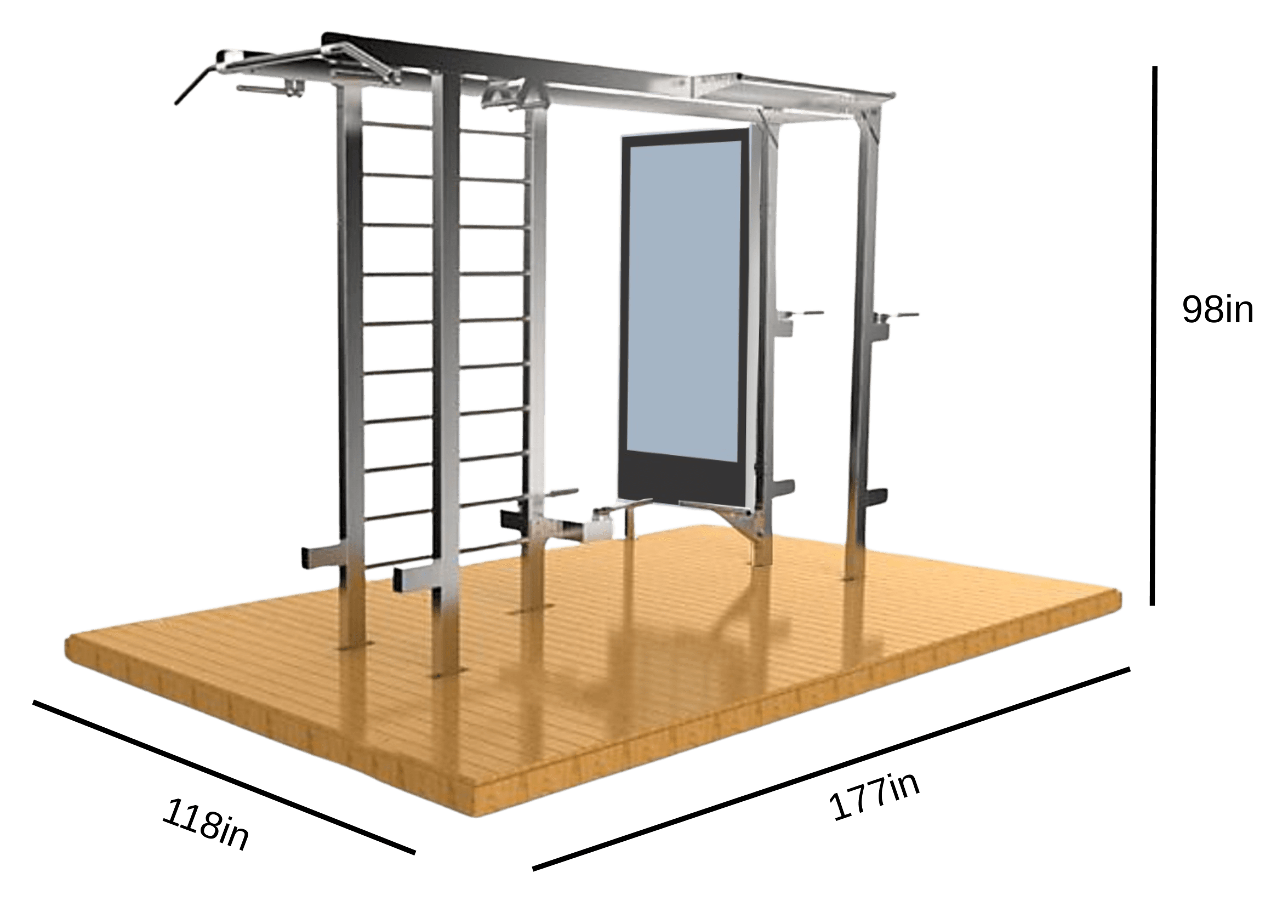 3D render of the USE outdoor fitness station with dimensions